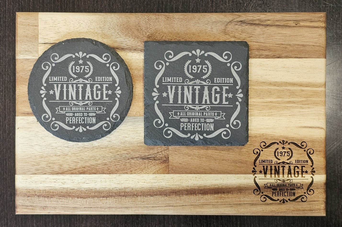 Milestone Birthday Bundle – Slate Coasters & Acacia Serving Board