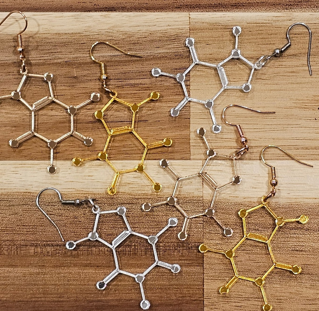 Caffeine Molecule Earrings – Silver, Gold & Rose Gold