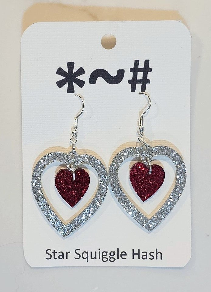 Heart Drop Earrings – Red & Silver Sparkle