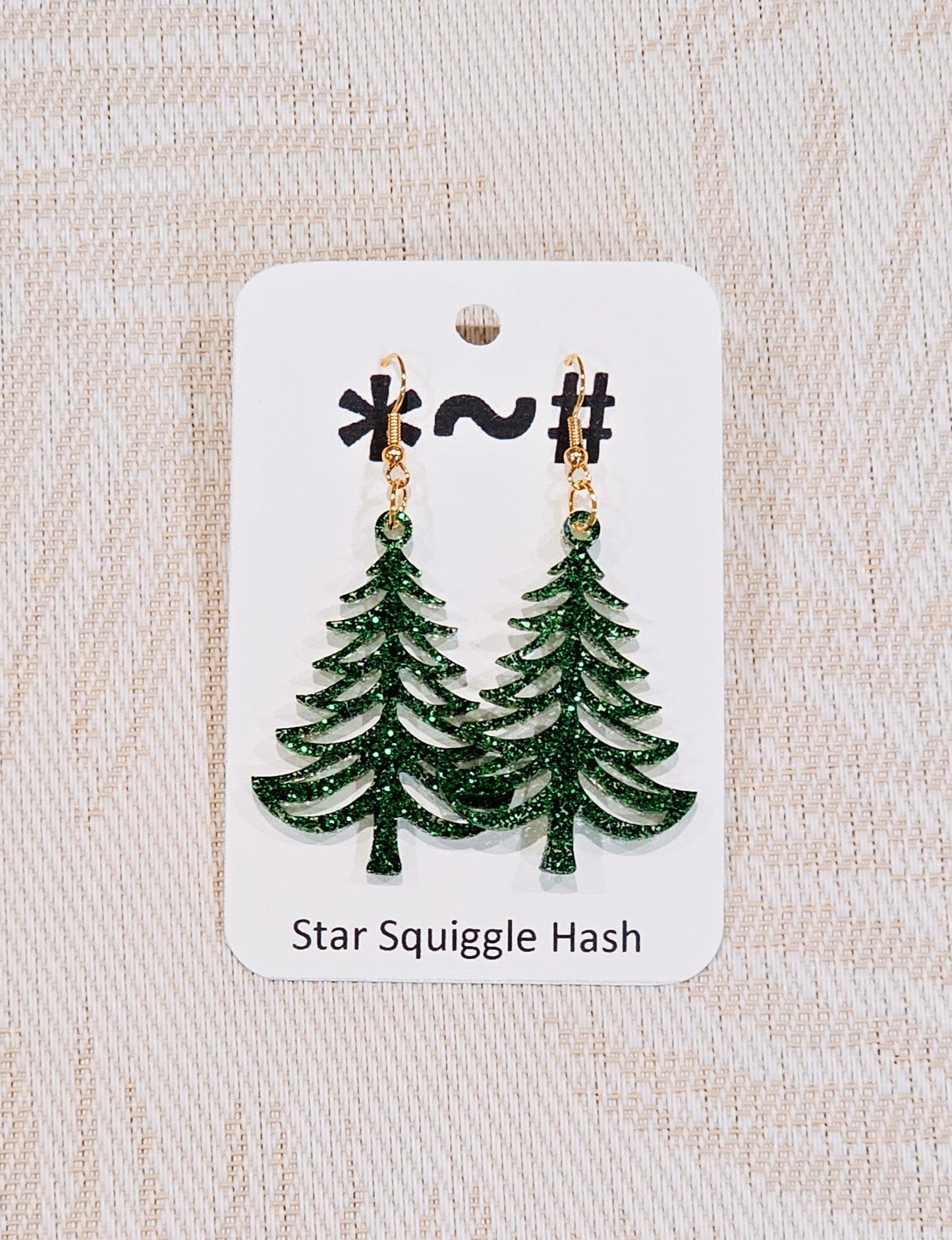 Christmas Tree Earrings. Glitter Green and Gold - Star Squiggle Hash