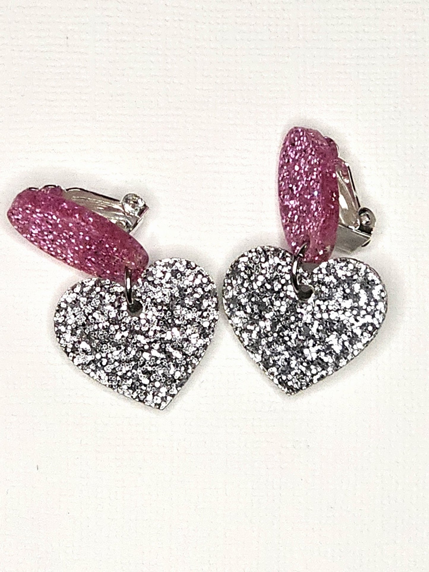 Glitter Pink and Silver Heart Clip On Earrings - Star Squiggle Hash