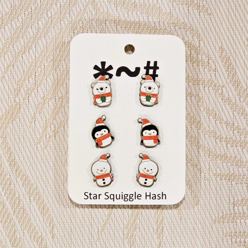 Hand Painted Christmas Stud Earrings. Penguin addition. - Star Squiggle Hash