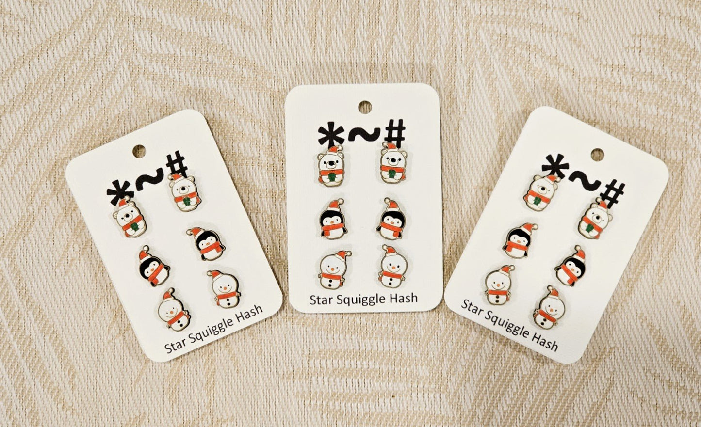 Hand Painted Christmas Stud Earrings. Penguin addition. - Star Squiggle Hash