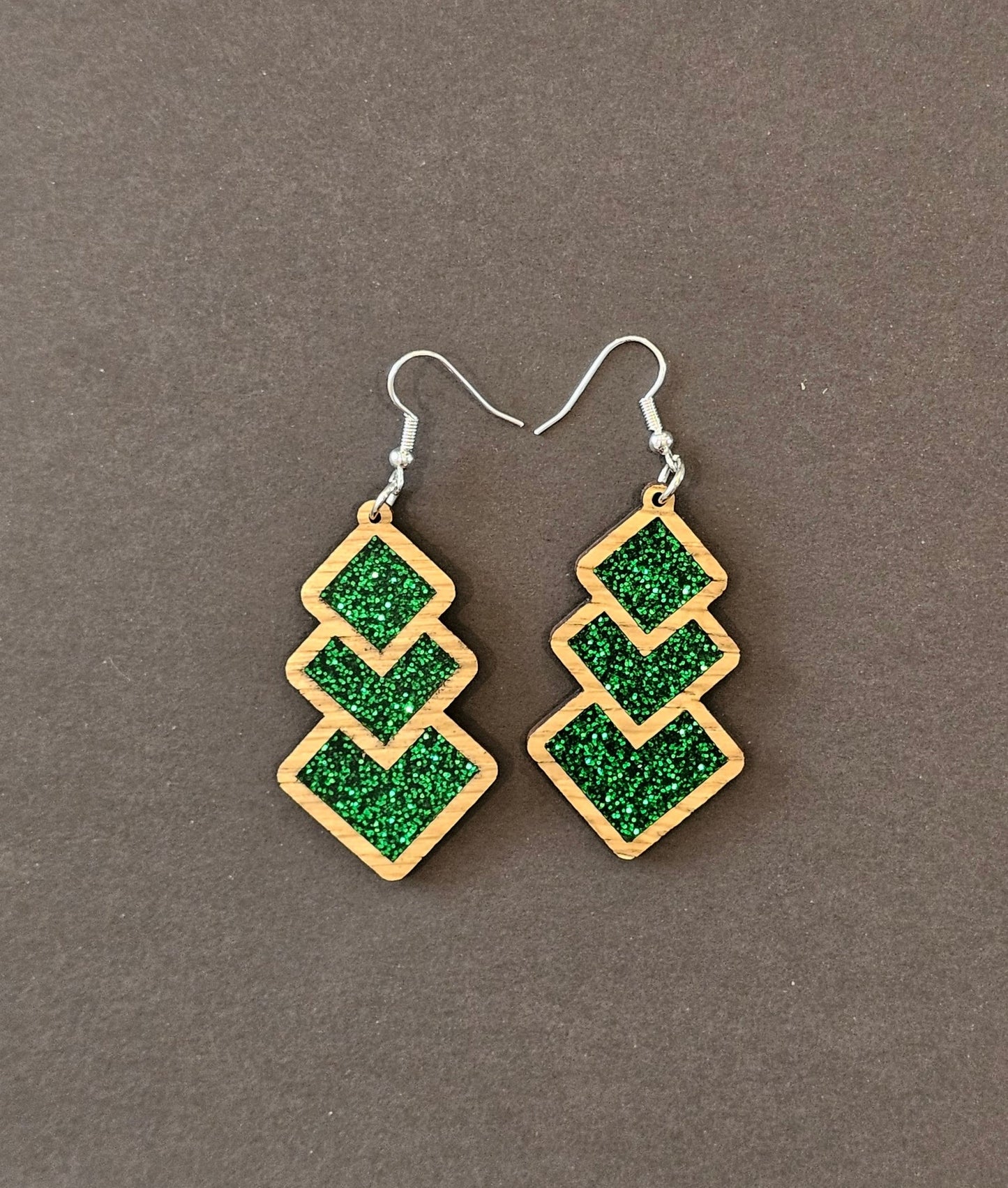 Tri Square Glitter Green Earrings - Star Squiggle Hash
