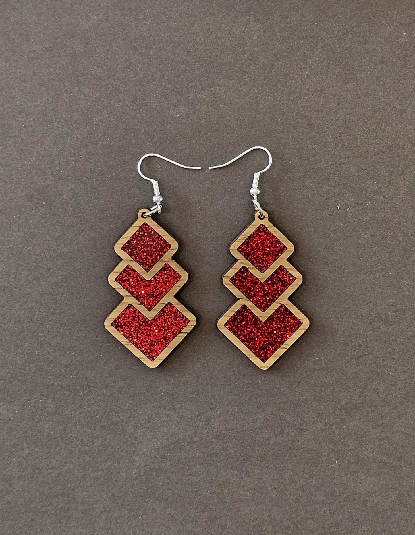 Tri Square Glitter Red Earrings - Star Squiggle Hash
