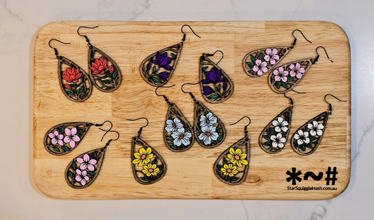 Hand-Painted Floral Timber Earrings