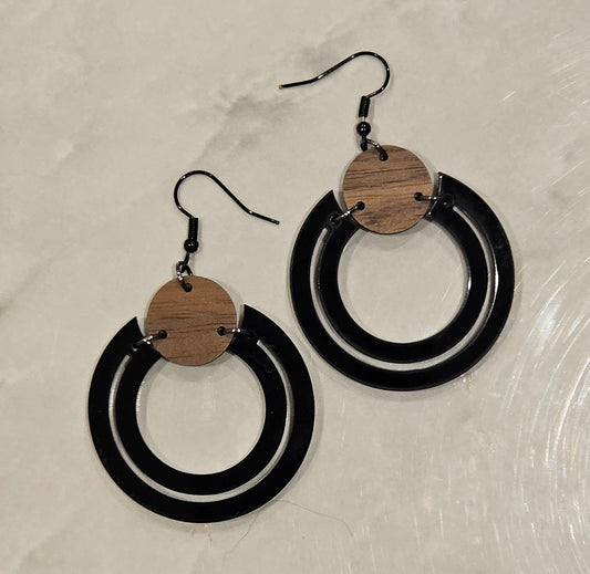 Modern Hoop Drop Earrings – Black Acrylic & Timber