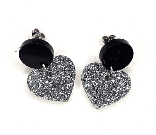 Silver Glitter Heart Stud Earrings. - Star Squiggle Hash