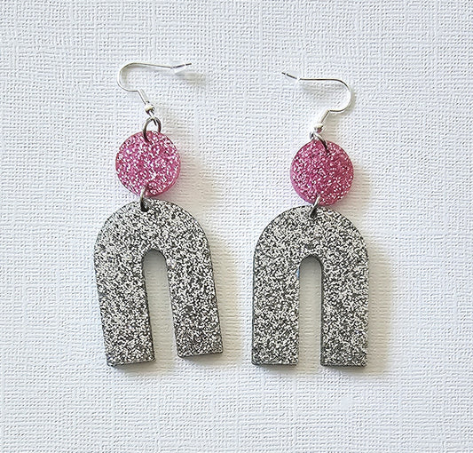 Silver Glitter Sparkly Dangle Earrings - Star Squiggle Hash